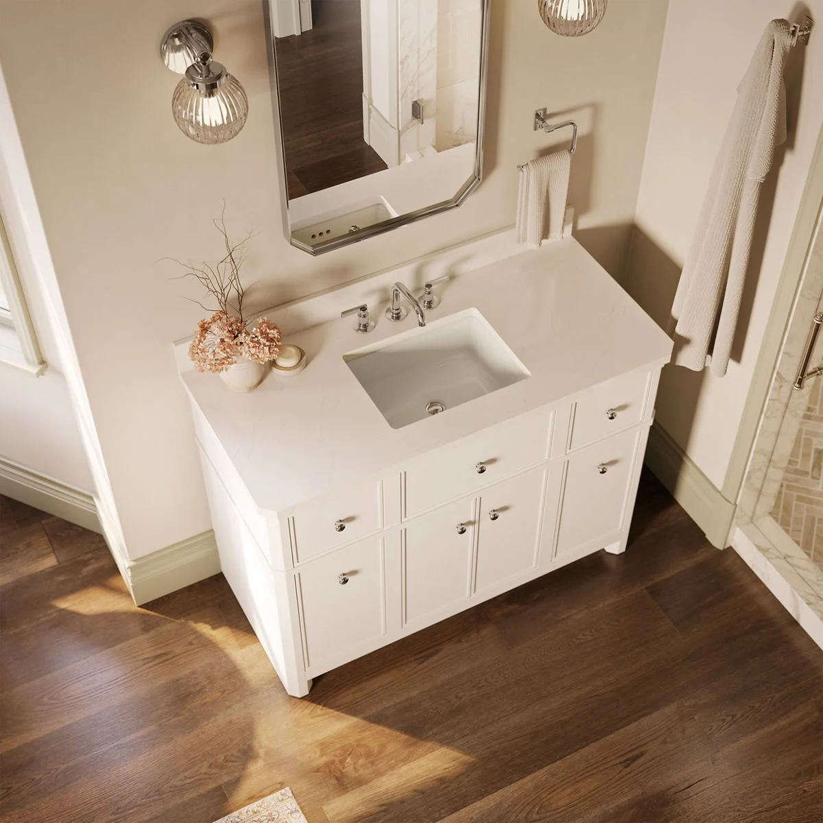 KOHLER K-39308 Claude 48" bathroom vanity cabinet with sink and quartz top - Image 5