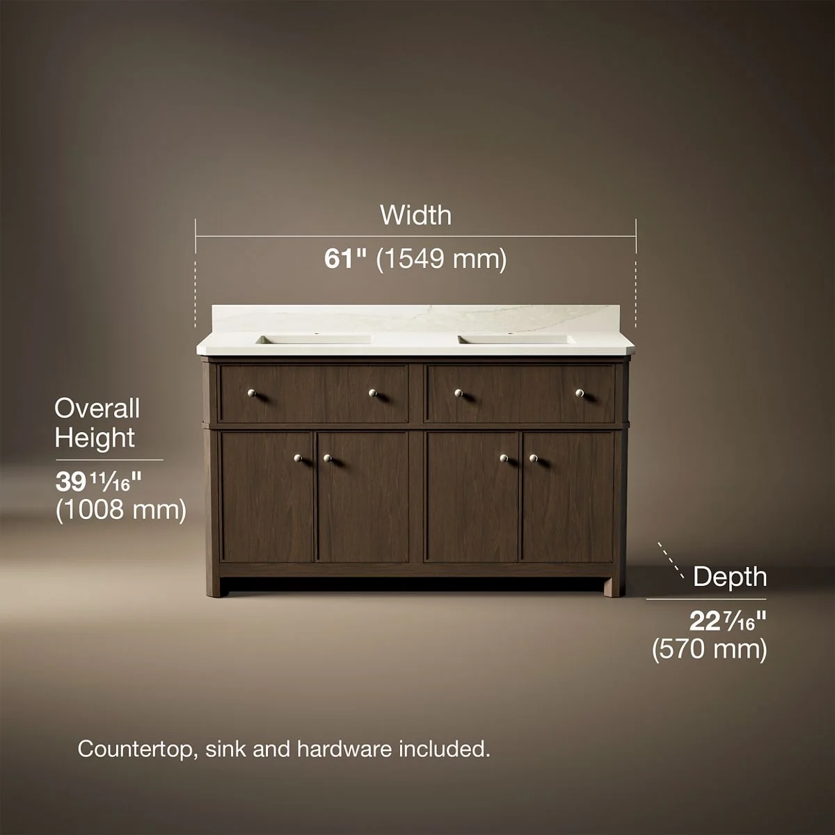 KOHLER K-39309 Claude 60" bathroom vanity cabinet with sinks and quartz top - Image 3