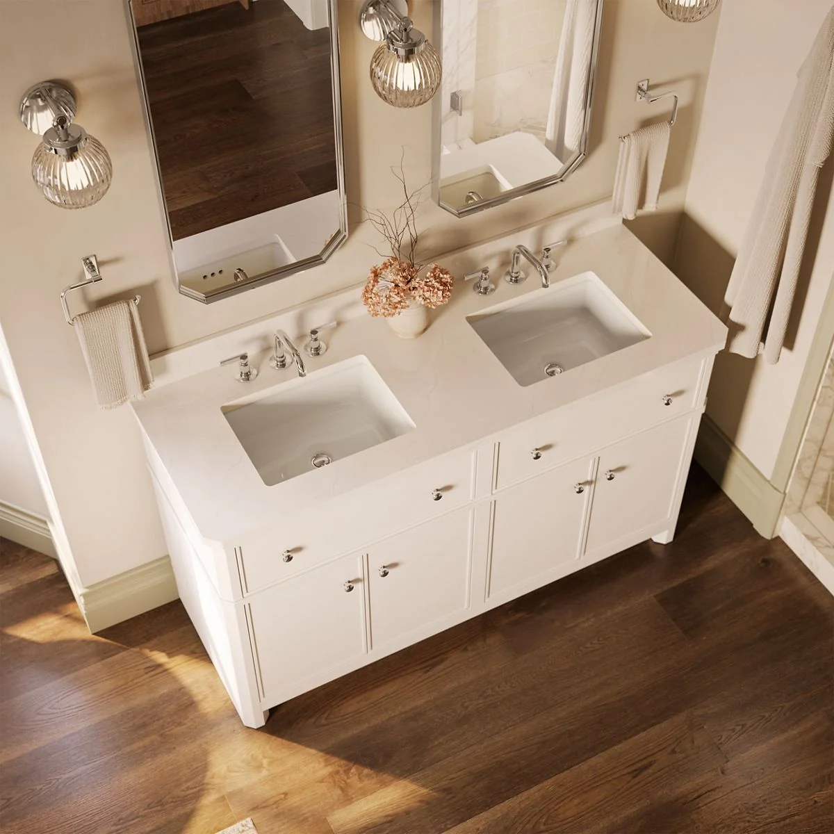 KOHLER K-39309 Claude 60" bathroom vanity cabinet with sinks and quartz top - Image 5