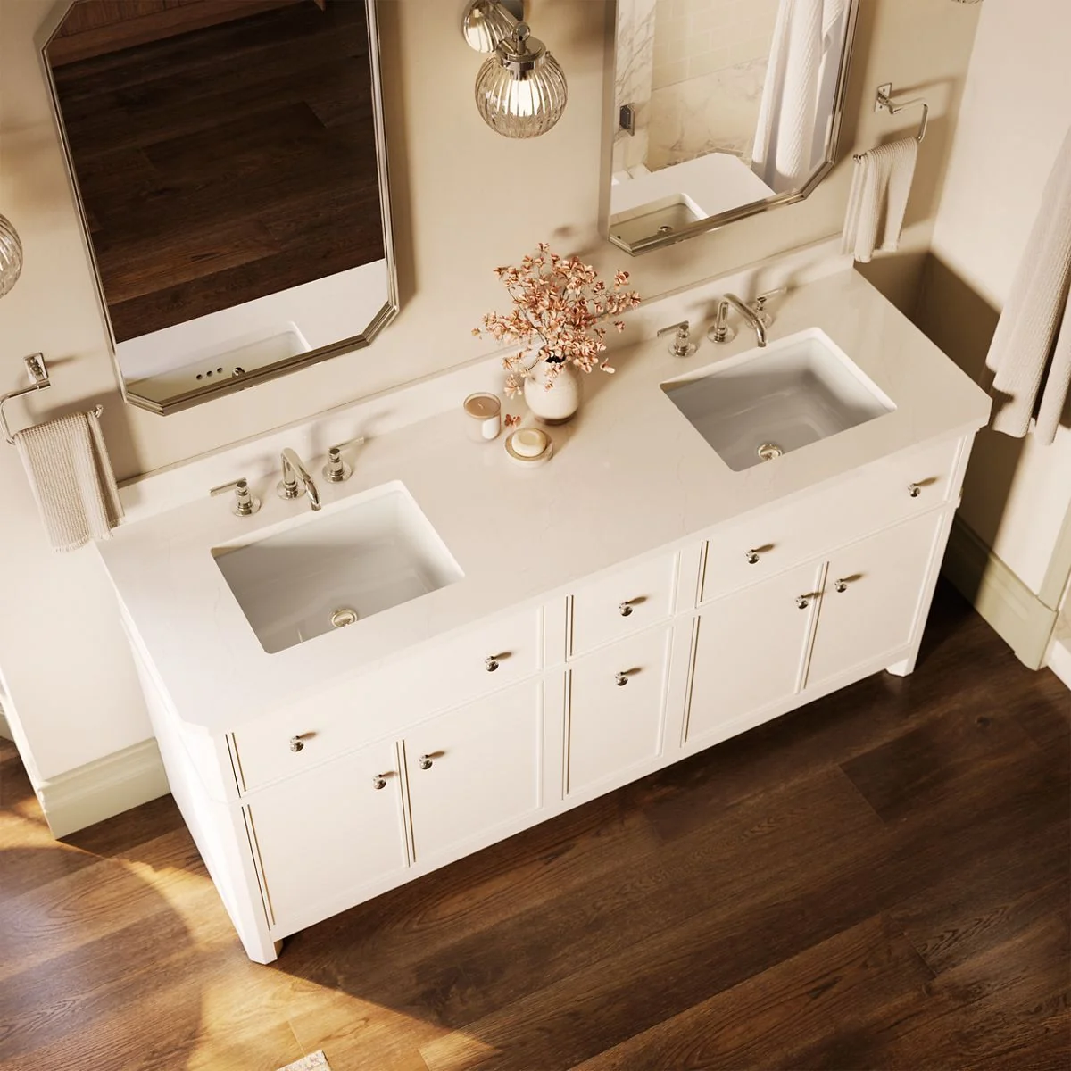 KOHLER K-39310 Claude 72" bathroom vanity cabinet with sinks and quartz top - Image 5