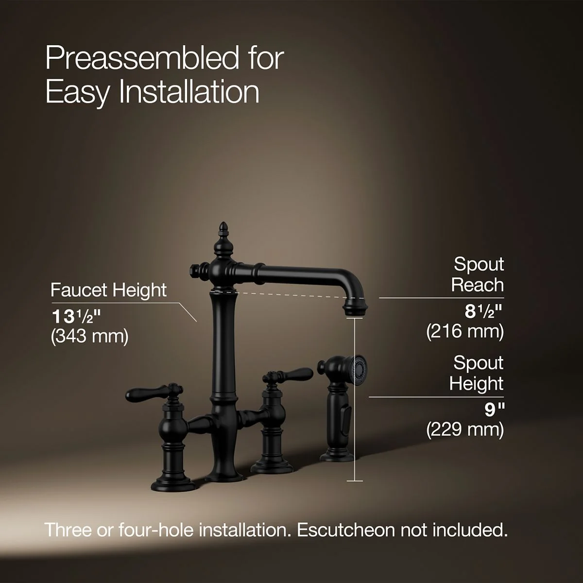 KOHLER K-76519-4 Artifacts Three-hole bridge kitchen sink faucet with side sprayer - Image 24