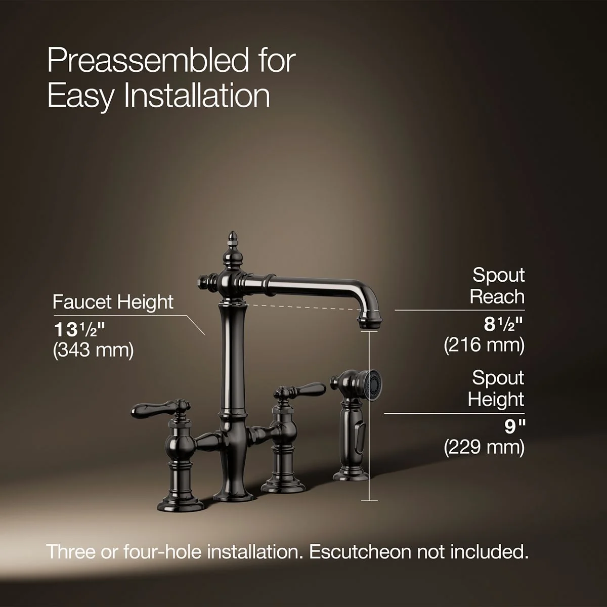 KOHLER K-76519-4 Artifacts Three-hole bridge kitchen sink faucet with side sprayer - Image 41
