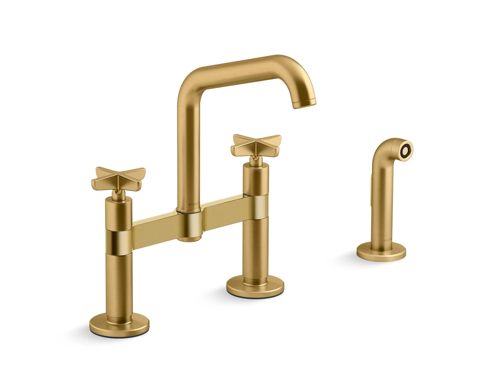 KOHLER K-28665-3 Billet Two-hole bridge kitchen sink faucet with side sprayer