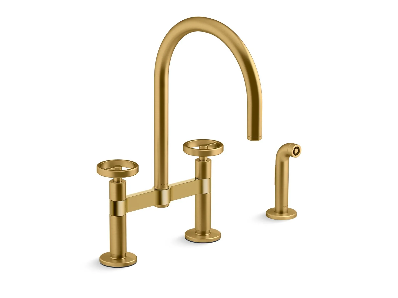 KOHLER K-28673-9 Billet Two-hole bridge kitchen sink faucet with side sprayer