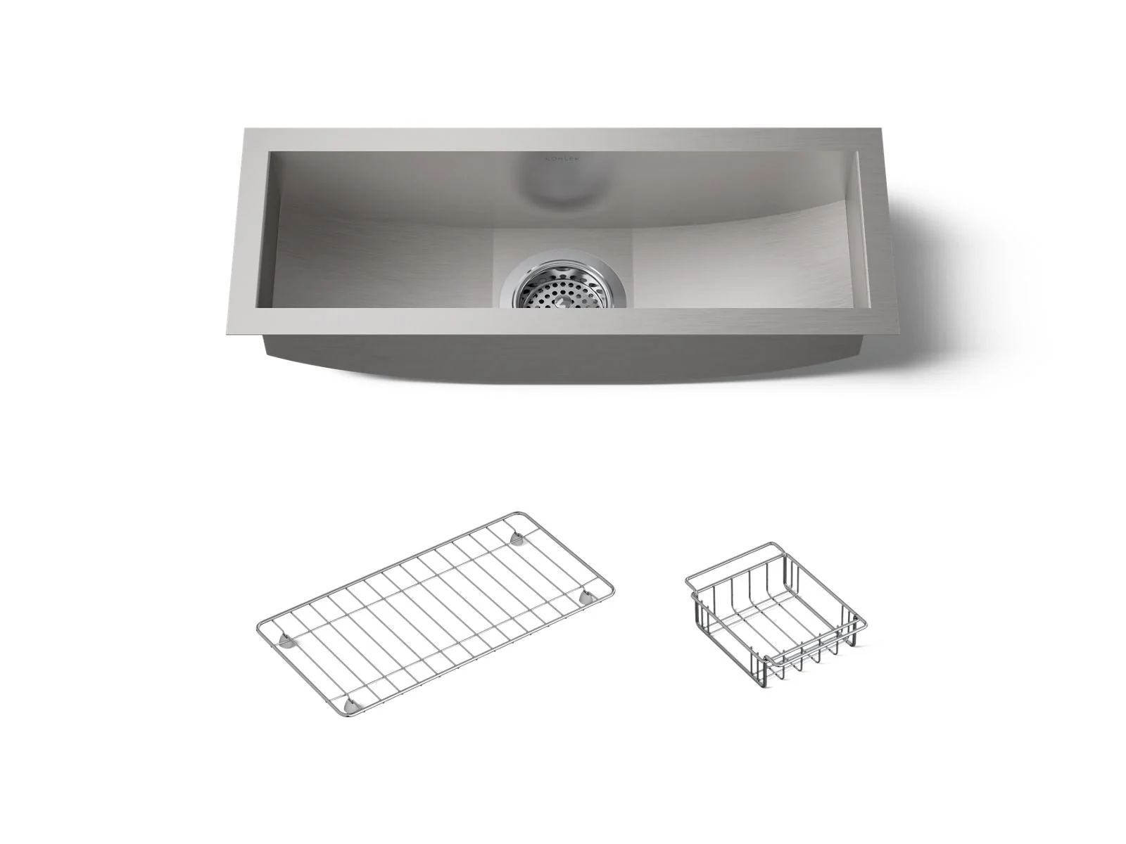 KOHLER K-3154-NA Undertone 22" x 8-1/4" x 5-1/4" Undermount single-bowl trough kitchen sink, includes wire basket and rack - Image 2