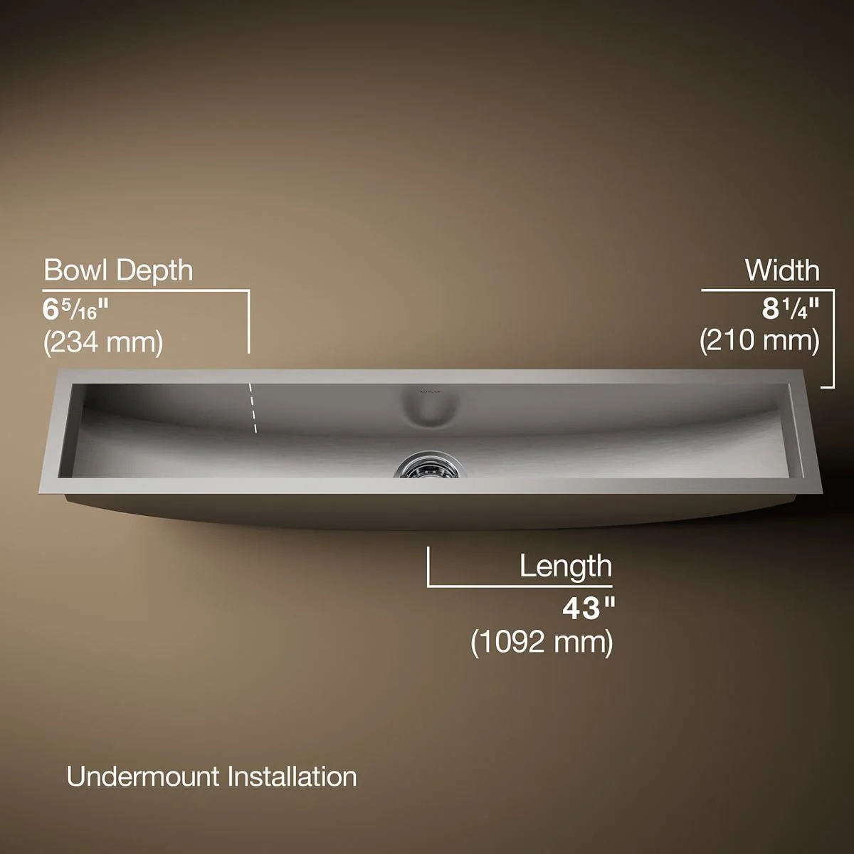 KOHLER K-3156-NA Undertone 43" x 8-1/4" x 6-5/16" Undermount single-bowl trough kitchen sink, includes wire basket and rack - Image 6