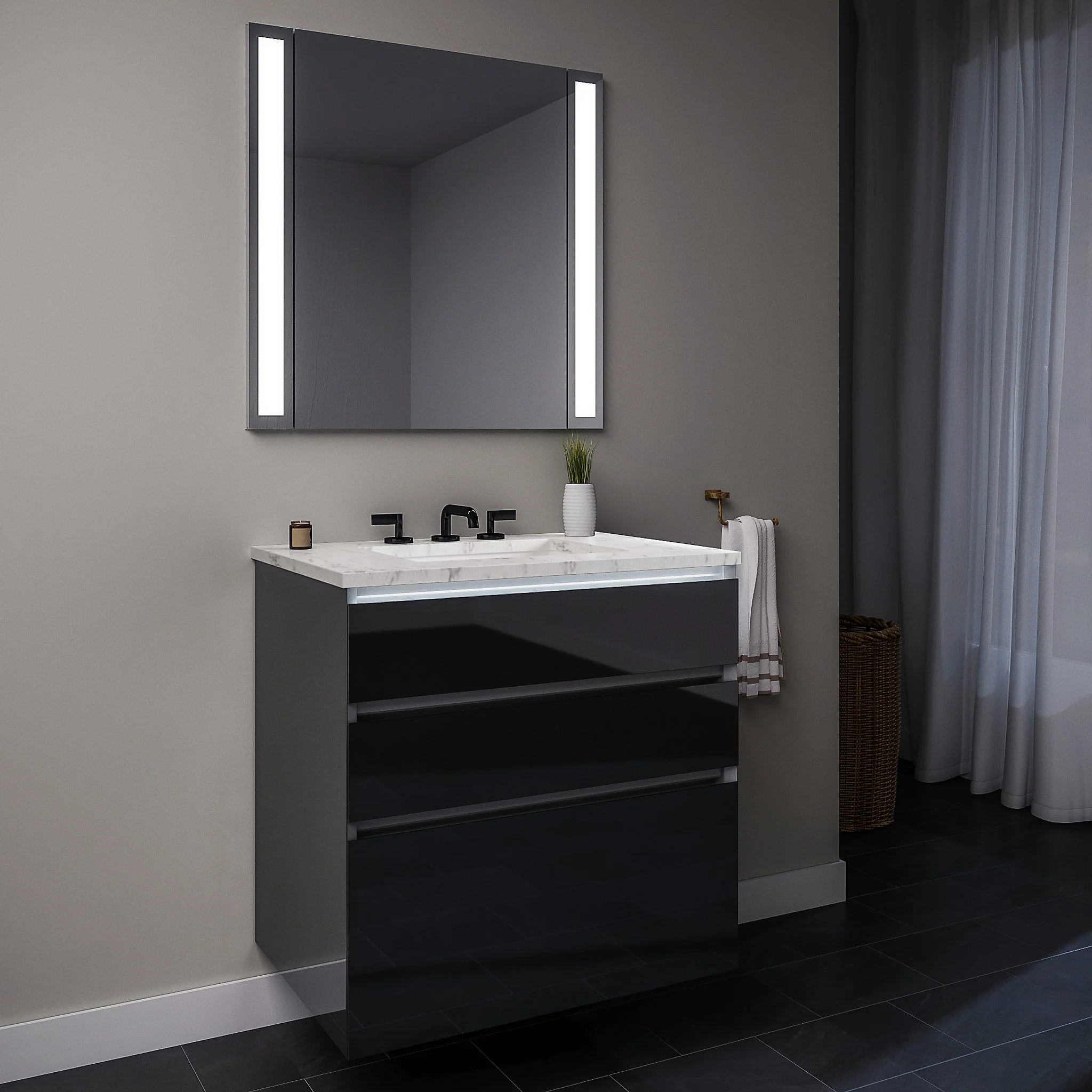 robern 24119400TB00003 Curated Cartesian Vanity, 24" x 7-1/2" x 21", 24" x 15" x 21", Three Drawer, Tinted Gray Mirror Glass, Tip Out Drawer, Plumbing Drawer, Full Drawer, Night Light, Engineered Stone 25" Vanity Top, Silestone Lyra
