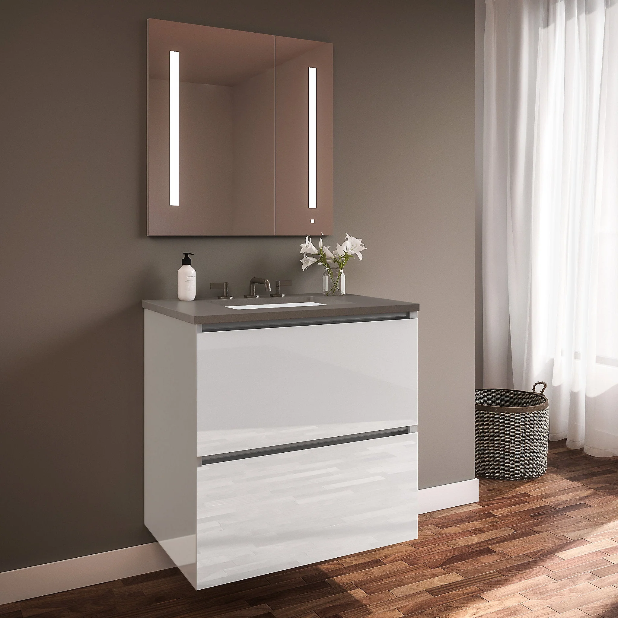 robern 24219100NB00002 Curated Cartesian Vanity, 24" x 15" x 21", Two Drawer, White Glass, Plumbing Drawer, Full Drawer, Engineered Stone 25" Vanity Top, Stone Gray (Silestone Expo Grey)