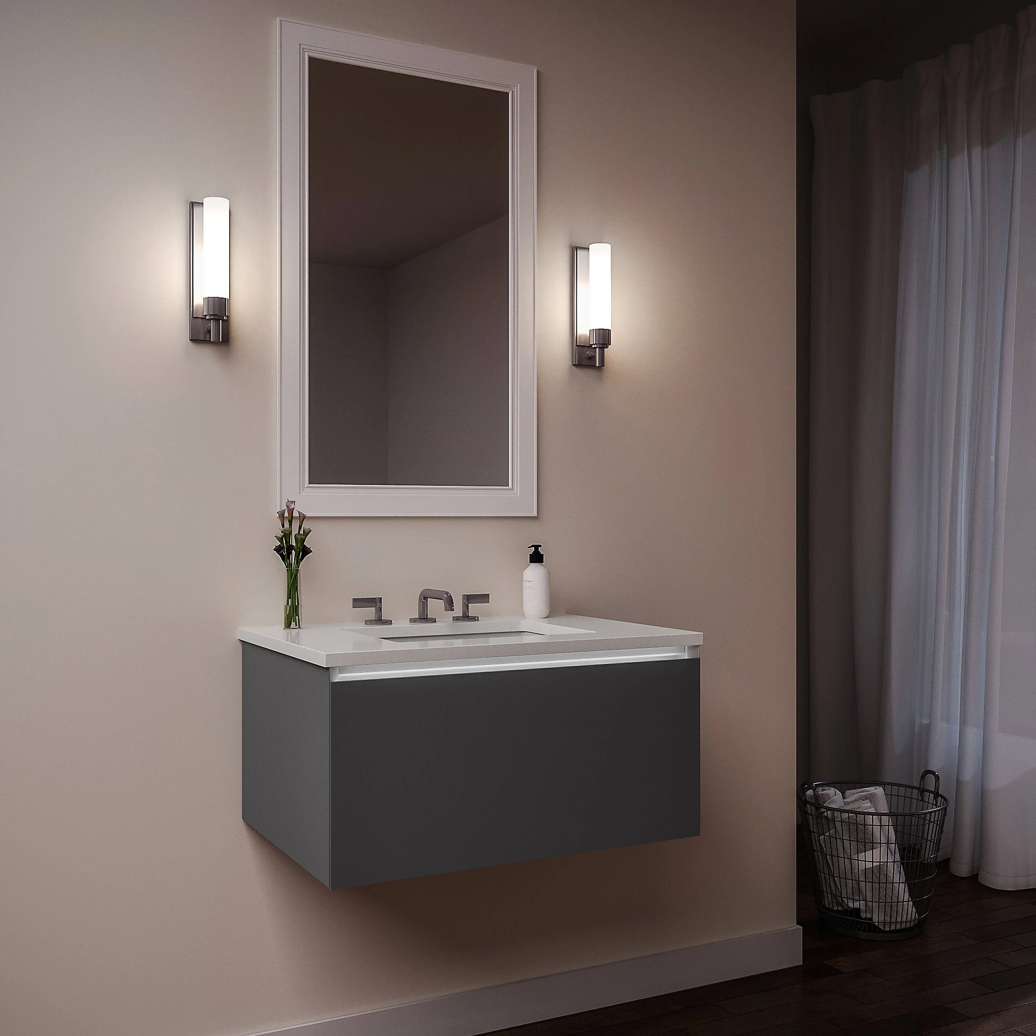 robern 24279200TB00001 Curated Cartesian Vanity, 24" x 15" x 21", Single Drawer, Matte Gray Glass, Plumbing Drawer, Night Light, Engineered Stone 25" Vanity Top, Quartz White (Silestone White Storm)