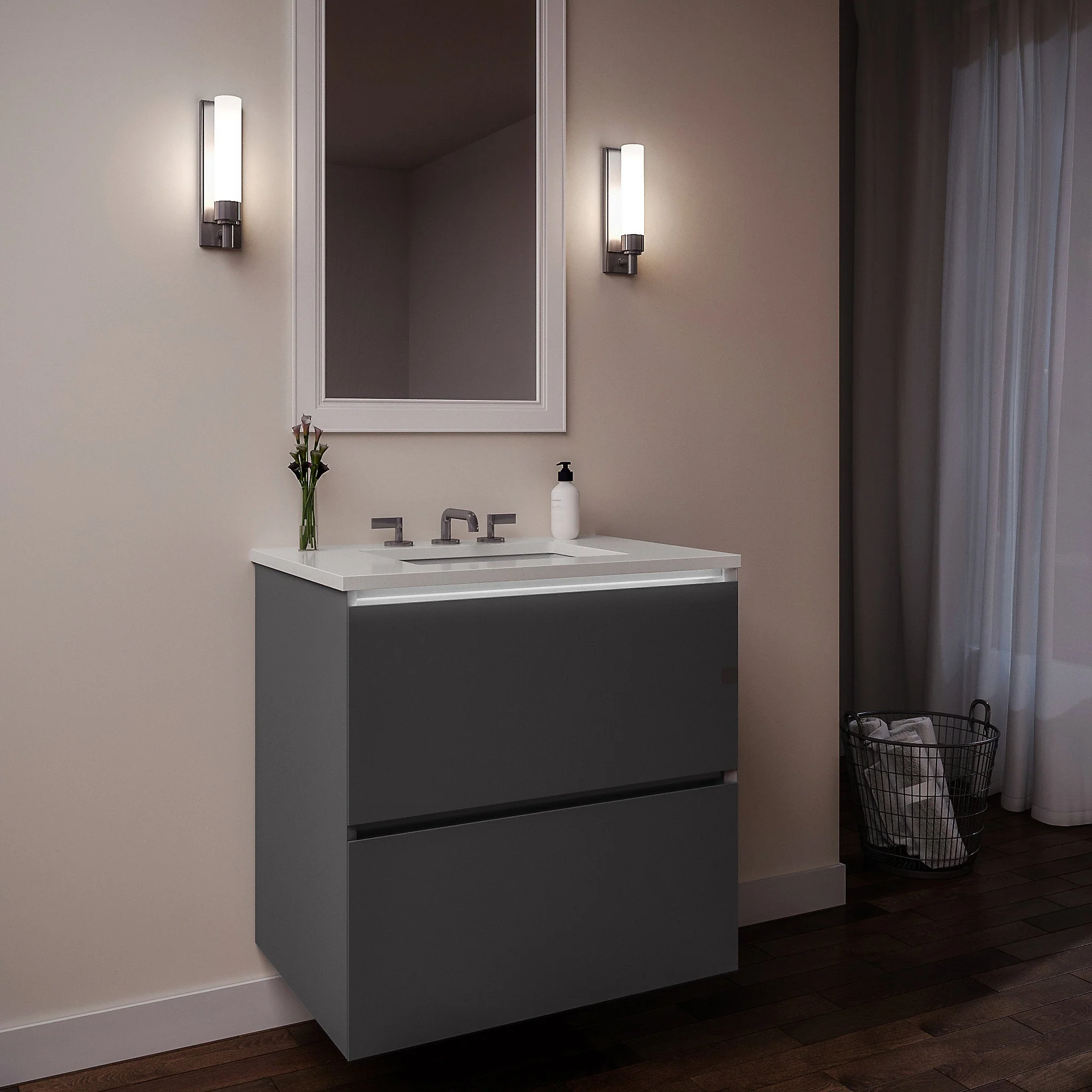 robern 24279200TB00002 Curated Cartesian Vanity, 24" x 15" x 21", Two Drawer, Matte Gray Glass, Plumbing Drawer, Full Drawer, Night Light, Engineered Stone 25" Vanity Top, Quartz White (Silestone White Storm)