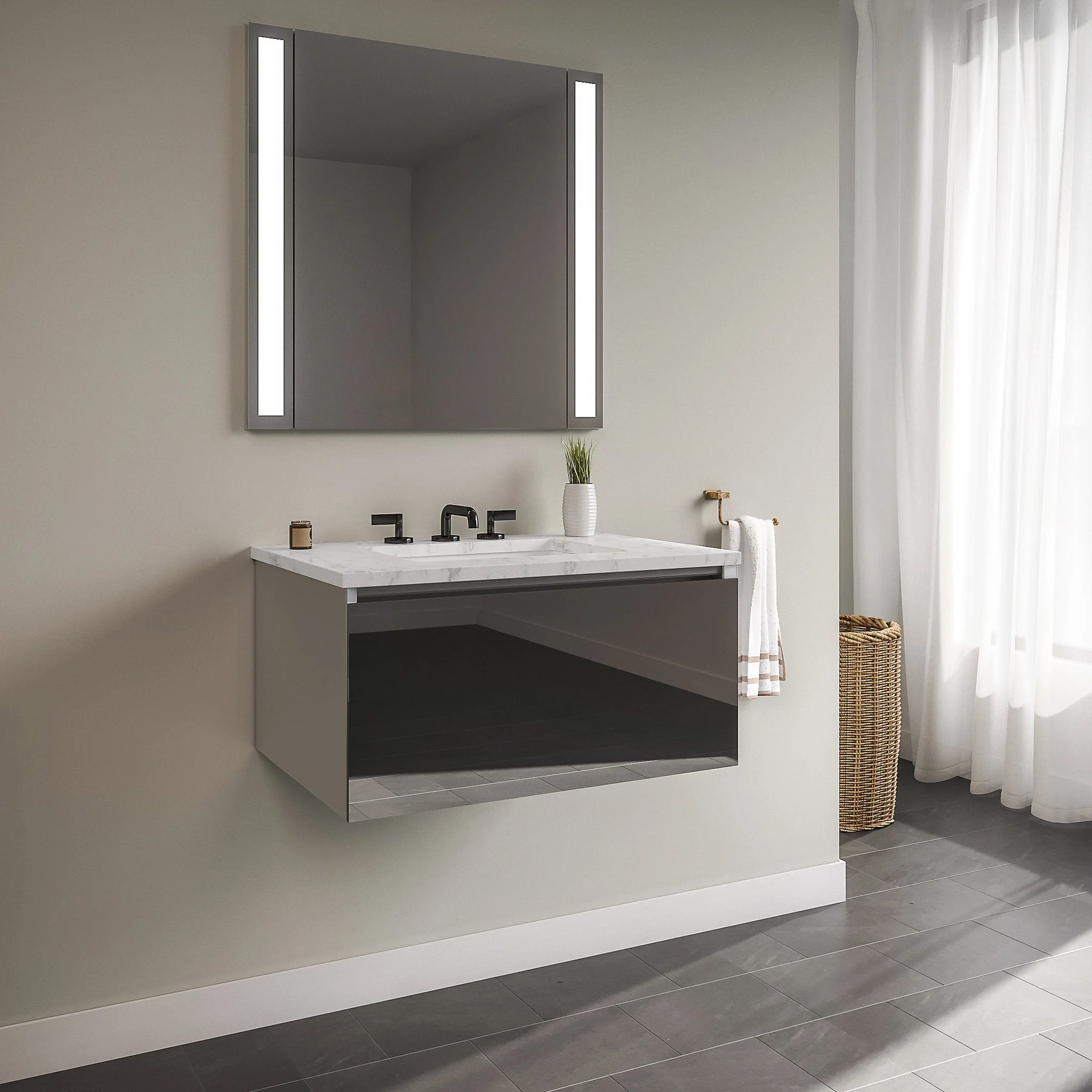 robern 30119400NB00001 Curated Cartesian Vanity, 30" x 15" x 21", Single Drawer, Tinted Gray Mirror Glass, Plumbing Drawer, Engineered Stone 31" Vanity Top, Silestone Lyra