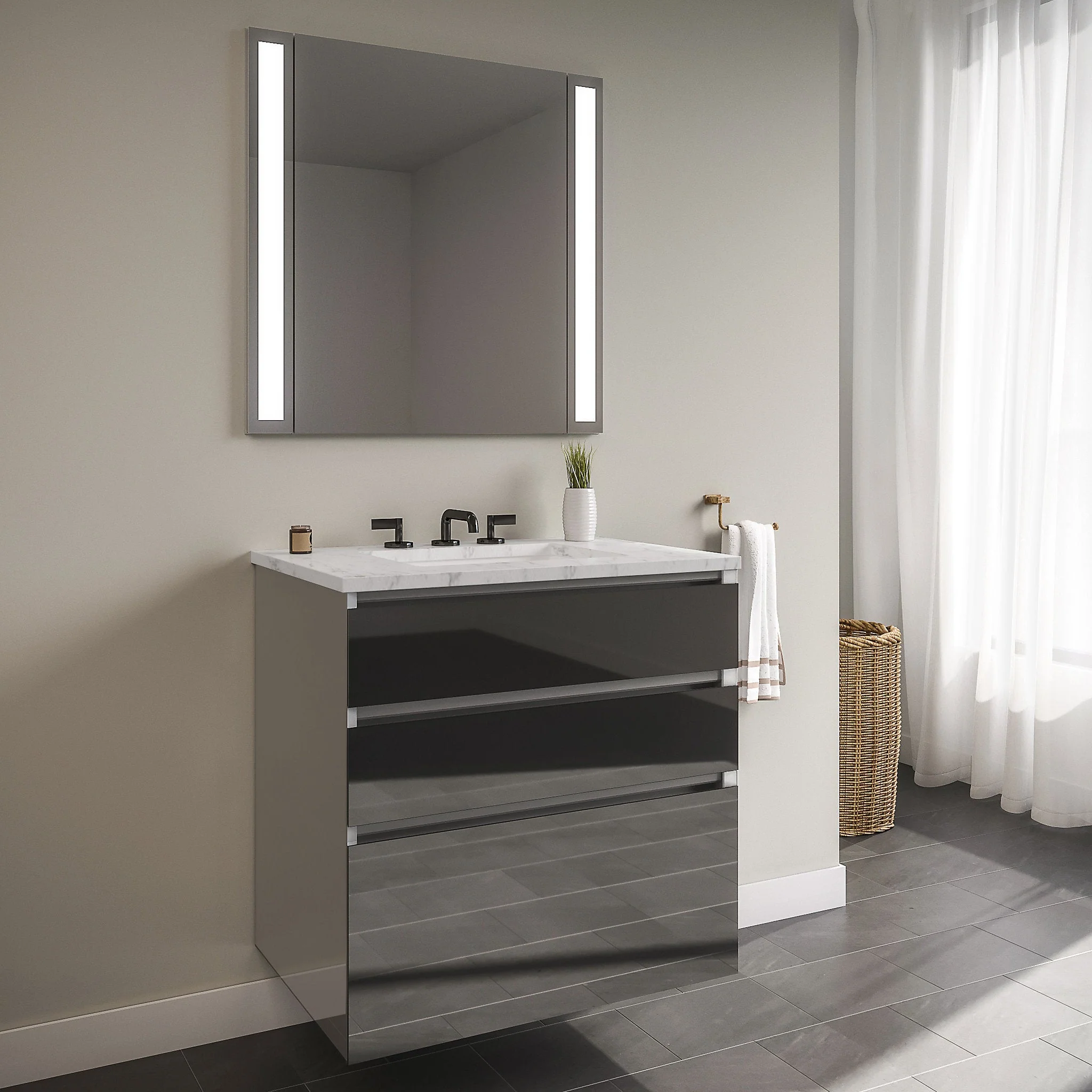 robern 30119400NB00003 Curated Cartesian Vanity, 30" x 7-1/2" x 21", 24" x 15" x 21", Three Drawer, Tinted Gray Mirror Glass, Tip Out Drawer, Plumbing Drawer, Full Drawer, Engineered Stone 31" Vanity Top, Silestone Lyra