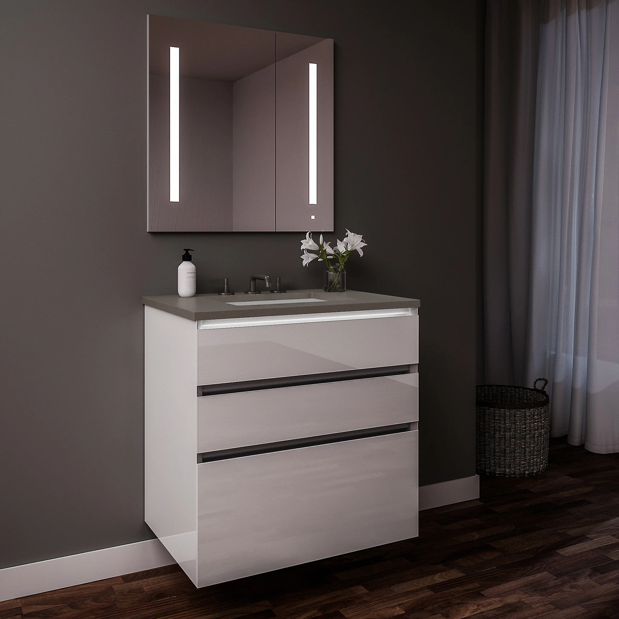 robern 30219100TB00003 Curated Cartesian Vanity, 30" x 7-1/2" x 21", 24" x 15" x 21", Three Drawer, White Glass, Tip Out Drawer, Plumbing Drawer, Full Drawer, Night Light, Engineered Stone 31" Vanity Top, Stone Gray (Silestone Expo Grey)