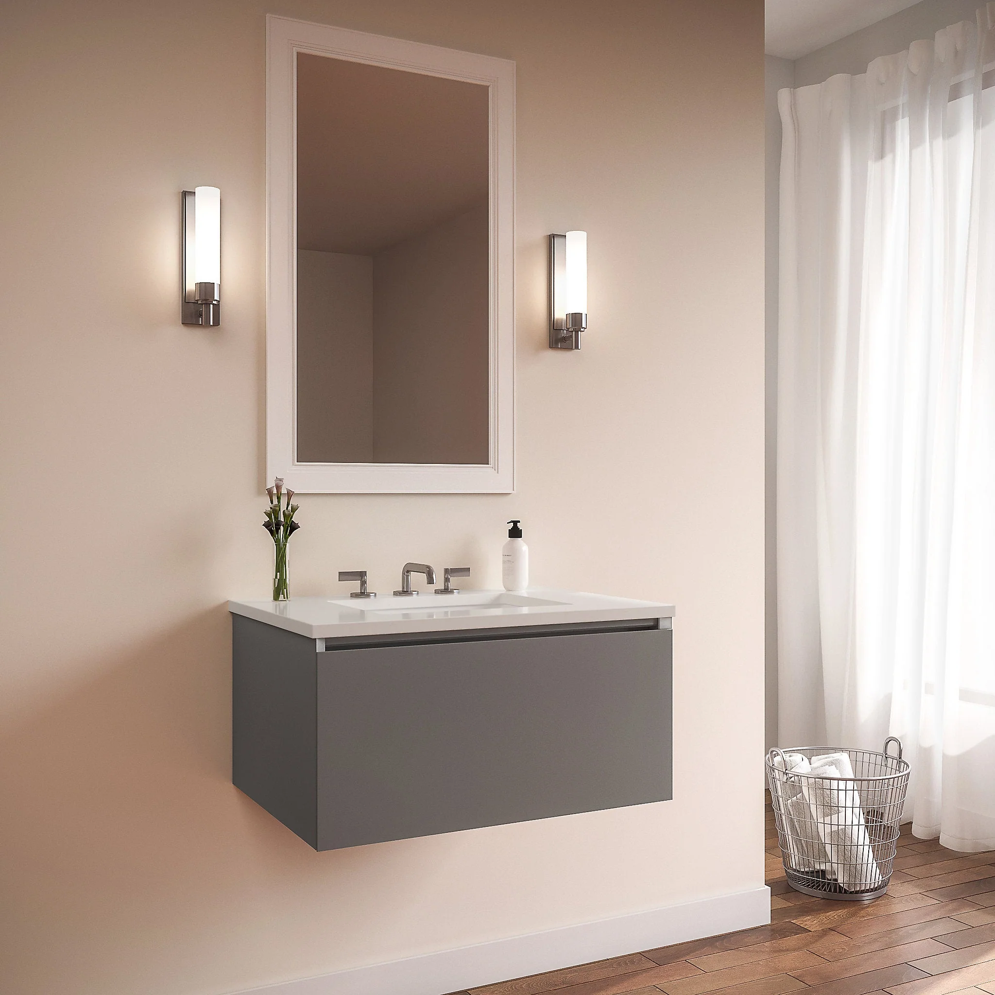 robern 30279200NB00001 Curated Cartesian Vanity, 30" x 15" x 21", Single Drawer, Matte Gray Glass, Plumbing Drawer, Engineered Stone 31" Vanity Top, Quartz White (Silestone White Storm)