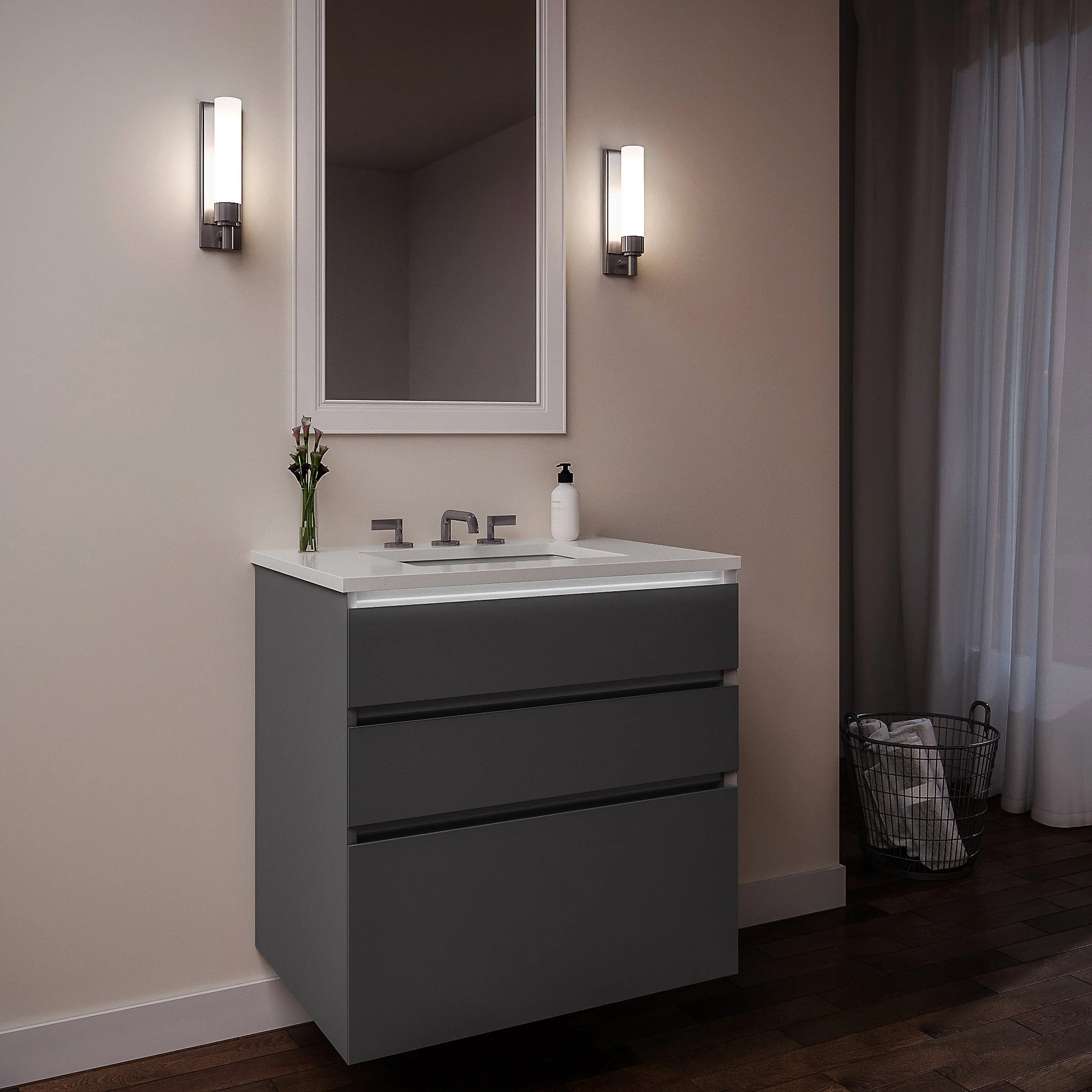 robern 30279200TB00003 Curated Cartesian Vanity, 30" x 7-1/2" x 21", 24" x 15" x 21", Three Drawer, Matte Gray Glass, Tip Out Drawer, Plumbing Drawer, Full Drawer, Night Light, Engineered Stone 31" Vanity Top, Quartz White (Silestone White Storm)