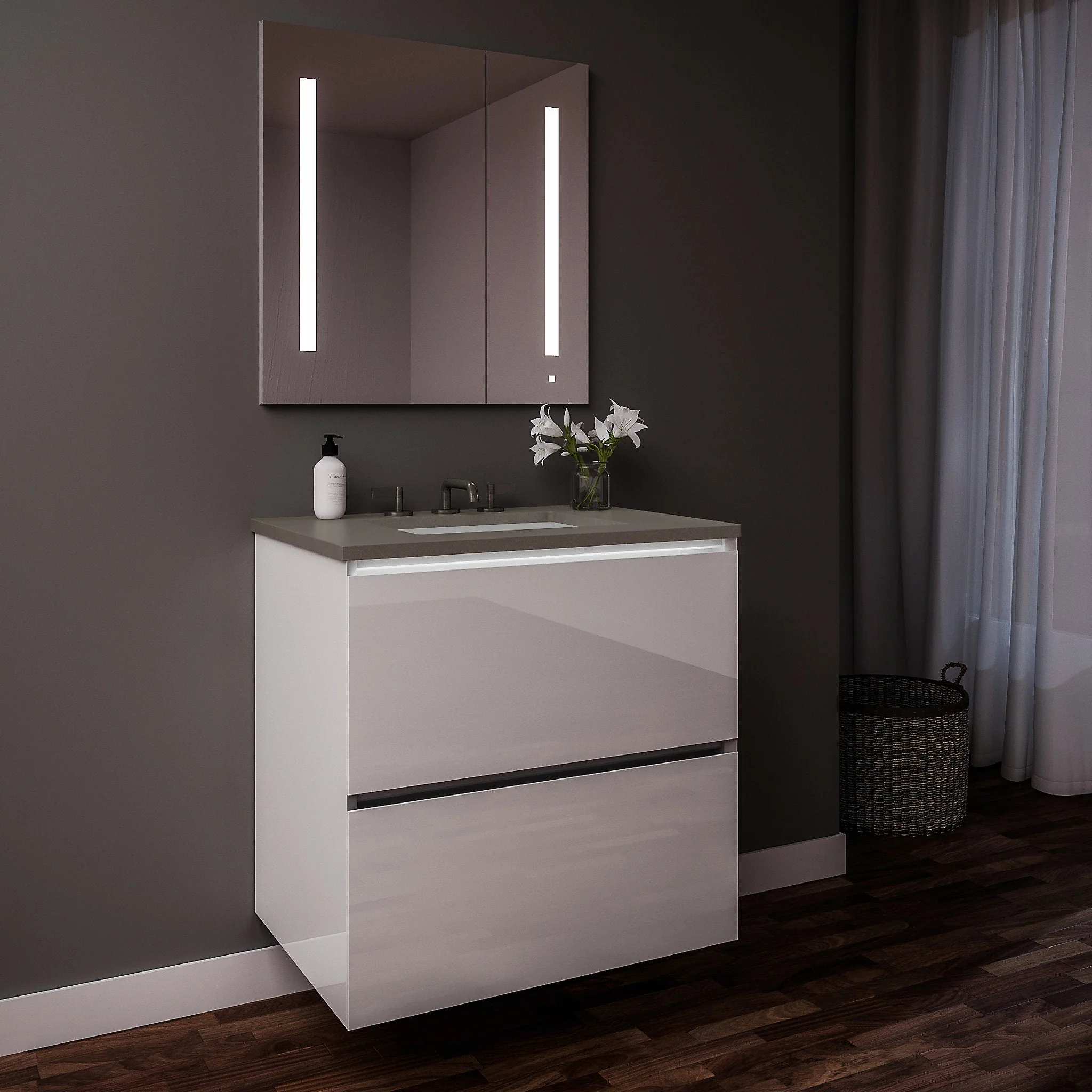 robern 36219100TB00002 Curated Cartesian Vanity, 36" x 15" x 21", Two Drawer, White Glass, Plumbing Drawer, Full Drawer, Night Light, Engineered Stone 37" Vanity Top, Stone Gray (Silestone Expo Grey)