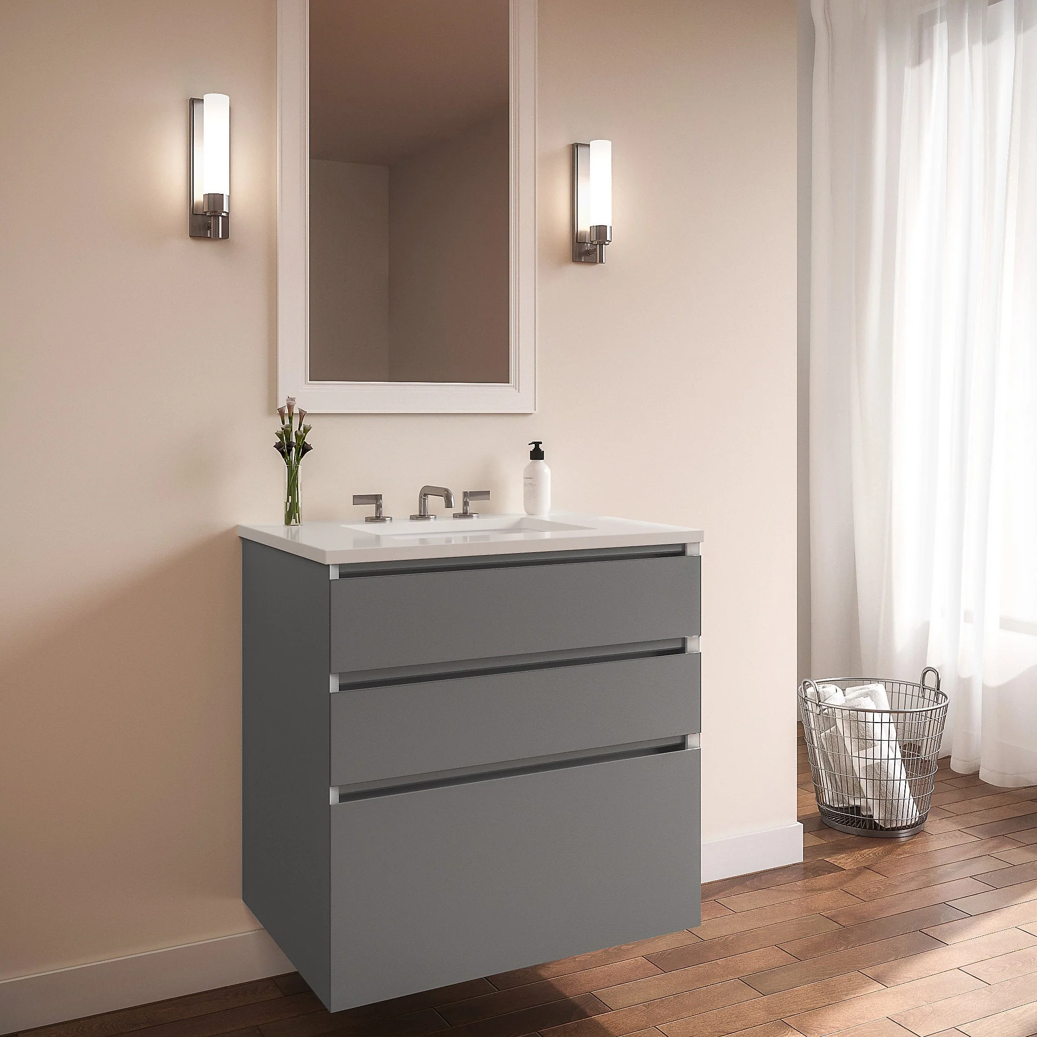 robern 36279200NB00003 Curated Cartesian Vanity, 36" x 7-1/2" x 21", 24" x 15" x 21", Three Drawer, Matte Gray Glass, Tip Out Drawer, Plumbing Drawer, Full Drawer, Engineered Stone 37" Vanity Top, Quartz White (Silestone White Storm)